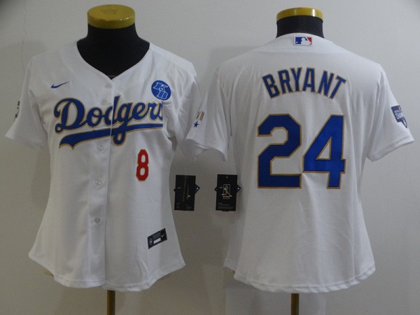 Women's Los Angeles Dodgers Front #8 Back #24 Kobe Bryant White Gold Championship Cool Base Stitched Jersey(Run Small)